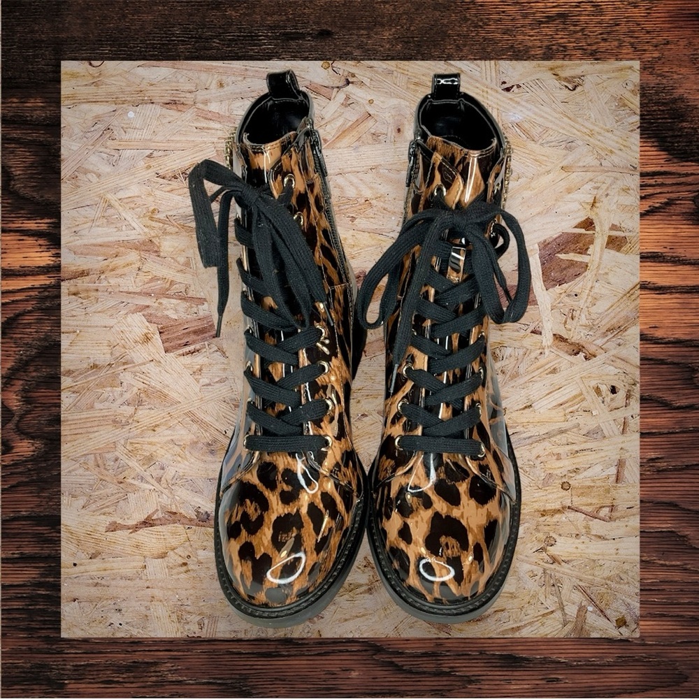 Alex Marie Size 10M Lace Up Leopard Print Patent Rhinestone Buckle Booties.